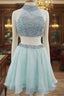 Light Blue Two Piece Homecoming Dresses Beaded Halter