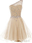 Light Champagne Beaded One Shoulder Chic Homecoming Dresses, Short Party Dress Prom Dresses