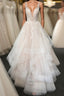 Light champagne v neck tulle lace long Formal Prom dress, wedding dress