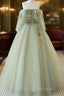 Light Green Scoop Off Shoulder A-Line Tulle Formal Prom Dresses, Light Green Formal Dresses