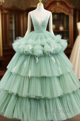 Light Green Tulle Layers Low Back Formal Prom Dresses Sweet 16 Dresses Quinceanera Dresses