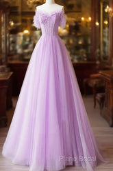 Light Purple A-Line Sweetheart Tulle Formal Dresses, Light Purple Long Formal Prom Dresses