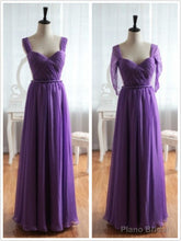 Light Purple Cap Sleeves/Long Sleeves Backless Chiffon Prom Dress, Purple Bridesmaid Dress