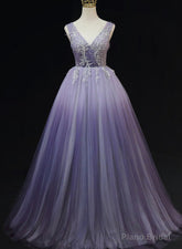 Light Purple Tulle Gradient Lace Applique Formal Dress, Long Prom Dress