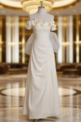 Light Yellow A-Line Satin Off-Shoulder Tulle Long Formal Prom Dresses Graduation Formal Prom Dresses Wedding Dresses