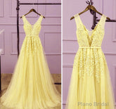 Light Yellow Tulle Long Party Dress, A-line Prom Dress Evening Gowns