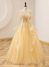 Light Yellow Tulle with Beadings and Lace Party Dress, Yellow Tulle Prom Dress