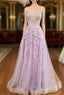 Lilac Formal Prom Dresses, A-line V Neck Spaghetti Straps Long/Floor-Length Tulle Formal Prom Dresses With Appliqued Sequins