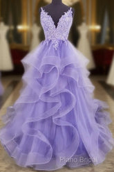 Lilac Tull Lace Applique Ball Gown Straps Long Formal Prom Dresses Elegant Formal Dresses
