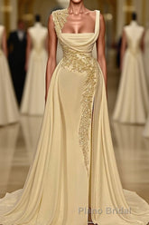 Long A-Line Square Neckline Satin Ivory Formal Prom Dresses With Slit