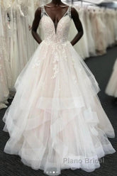 Long A-line Tulle V Neck Open Back Layered Wedding Dress