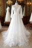 Long A-line V-neck Appliques Lace Tulle Backless Wedding Dress with Sleeves