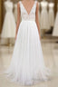 Long A-line V-neck Lace Tulle Open Back Wedding Dress