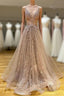 Long A-line V-neck Lace Tulle Formal Prom Formal Graduation Evening Dresses