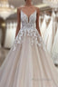 Long A-Line V-neck Spaghetti Straps Backless Appliques Lace Tulle Wedding Dress