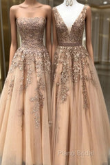 Long Champagne Formal Prom Dresses Sexy V Neck Strapless A Line Appliques Formal Party Dresses