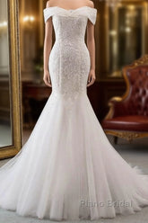 Long Mermaid Off the Shoulder Appliques Lace Tulle Wedding Dress