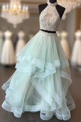 Long Open Back Mint Two Piece High Neck Organza Formal Prom Dresses