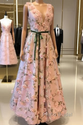 Long Pink 3D Flowers V-Neck Dresses