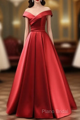 Long Red Satin Formal Prom Dresses Off The Shoulder Formal Gowns