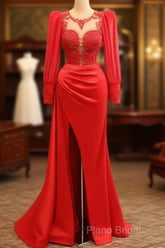 Long Sleeve Mermaid Applqiue Dresses With Slit