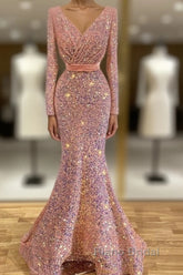 Long Sleeve Pink Mermaid Sequin Formal Prom Dresses