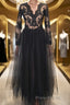 Long Sleeves V Neck Black Lace Long Formal Prom Dresses, Long Sleeves Black Formal Dresses, Black Lace Evening Dresses