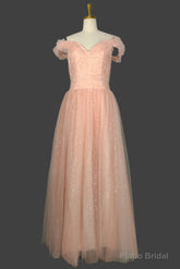 Long Straps A-line Prom Dresses Tulle Off Shoulder Evening Dresses