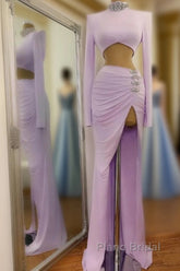 Long Two Piece Mermaid High Neck Split Formal Prom Dress with Sleeves