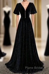 Long Velvet V-Neckline Floor Length Formal Prom Dresses, Black Evening Wedding Party Dresses