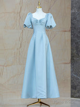 Blue Satin Pearl Long Prom Dress, A-Line Blue Evening Party Dress