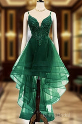 Lovely Dark Green High Low Chic Party Dresses Formal Prom Dresses, V-Neckline Straps Homecoming Dresses