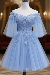 Lovely Light Blue With Lace Off Shoulder Short Formal Prom Dresses, Blue Homecoming Dresses