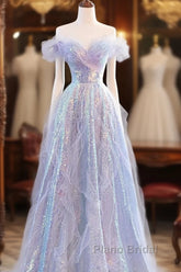 Lovely Off Shoulder A-Line Tulle And Sequins Formal Prom Dresses, Sweetheart Long Evening Dresses