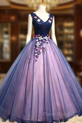 Lovely Organza Pink And Blue Flowers Sweet 16 Gown, Long Formal Gown