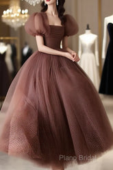 Lovely Puffy Sleeves Tulle Long Party Dresses, Scoop Ball Gown Long Formal Prom Dresses