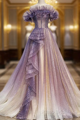 Lovely Purple Shiny Tulle Off Shoulder Formal Dresses, Purple Long Formal Prom Dresses