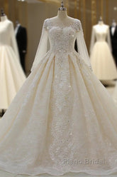 Luxurious Ball Gown Long Sleevess Lace Applqiues Beadings Wedding Dress