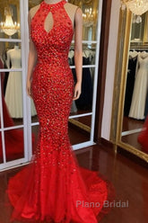 Luxurious Crystal Beaded Halter Mermaid Evening Dresses Leg Split Formal Prom Gowns