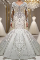 Luxurious Crystals Mermaid Bridal Gowns Long Sleevess Chapel Train Wedding Dresses
