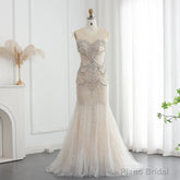 Luxury Mermaid Crystal Pearls Nude Tulle Long Prom Dress