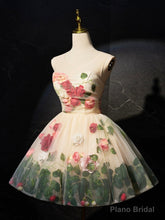 Champagne Scoop Neck Short Prom Dress with Flowers, Cute A-Line Party Dress