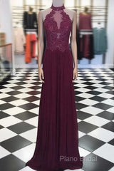 Maroon Hight Neck Lace Long Formal Prom Dresses, Maroon Formal Dresses