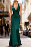 Mermaid Halter Dark Green Long Satin Formal Prom Dresses