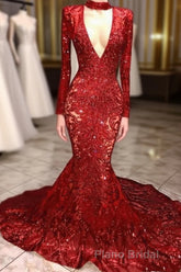 Mermaid High Neck Long Sleeves Formal Prom Dresses