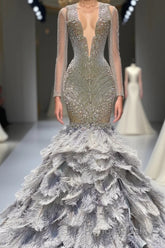 Mermaid Jewel Lace Sequined Open Back Floor-length Long Sleeve Lace Beading Formal Prom Dress With Feather