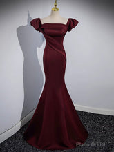 Mermaid off Shoulder Satin Burgundy Long Prom Dress, Burgundy Formal Dress