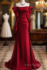 Mermaid Off The Shoulder Burgundy Long Satin Formal Prom Dresses