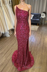 Mermaid One Shoulder Burgundy Sequins Long Formal Prom Dresses with Split Front