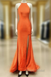 Mermaid Orange Formal Prom Dresses Halter Neck Split